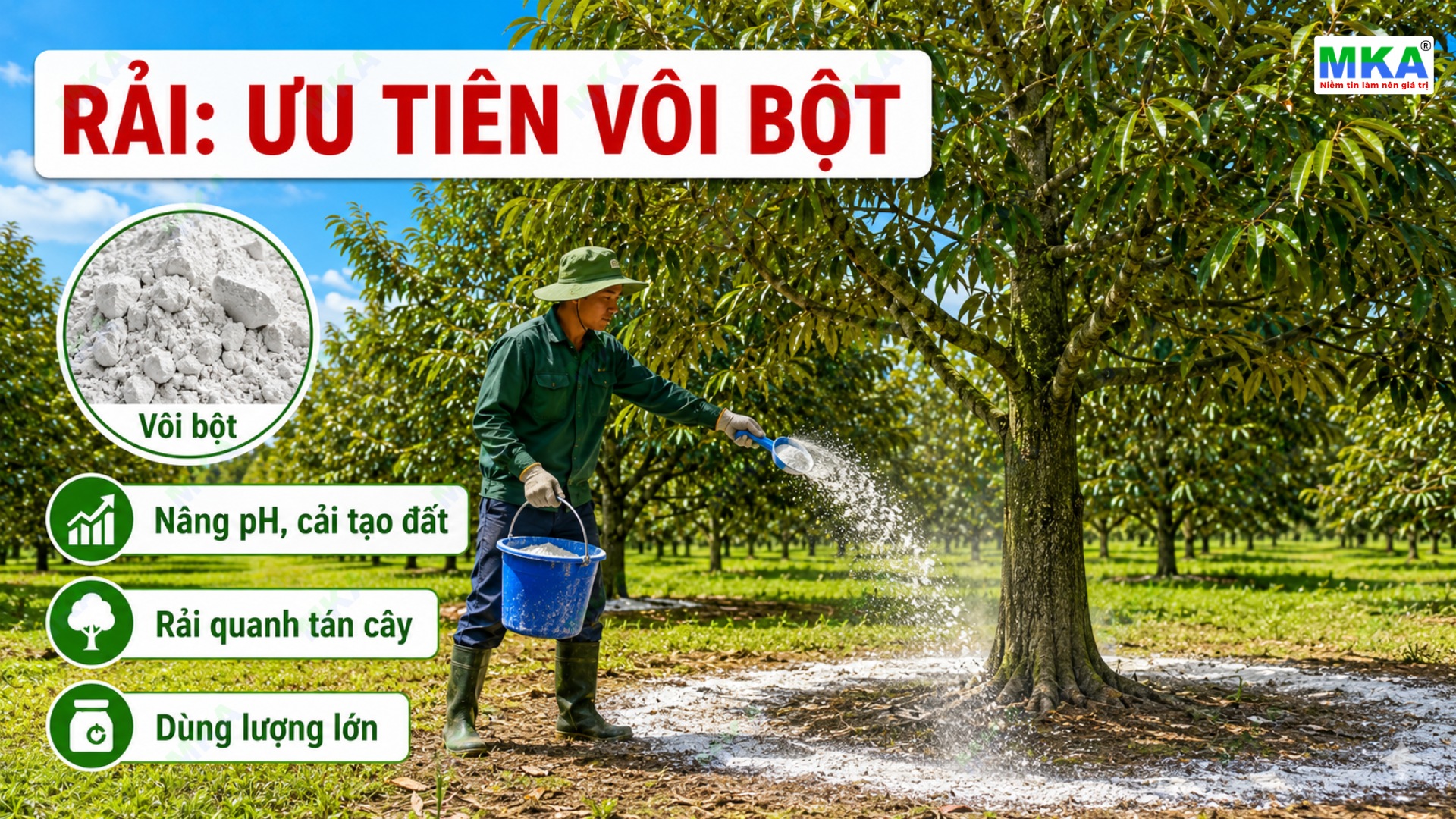 rải nâng pH đất nên ưu tiên vôi bột